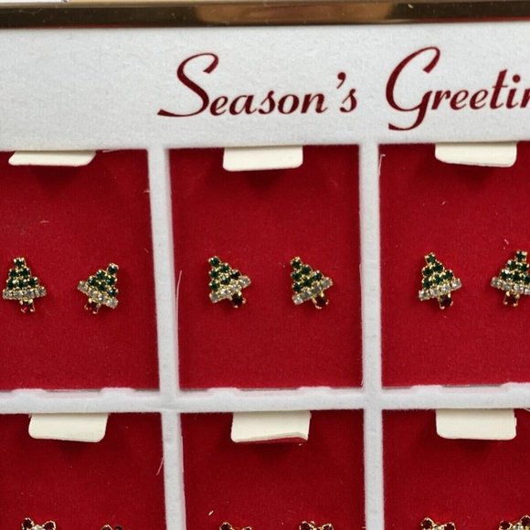 Vintage Earrings Christmas On Store Display Holiday Pierced 12 Pairs Rhinestones - Picture 8 of 12